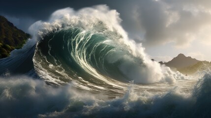 massive wave crashing onto the shore during a tsunami, illustrating the devastating impact of natural disasters generative ai