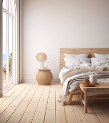 Fototapeta na wymiar Home mockup with Coastal boho style bedroom, 3D render. Created with Generative AI technology