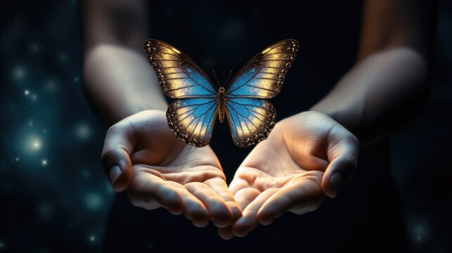 person holding a butterfly, representing transformation, change, and growth generative ai