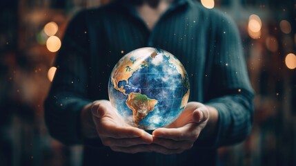 Fototapeta premium person holding a globe, representing global business, international relations generative ai