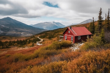 Red cabin in mountains