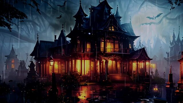 View of a spooky house on Halloween night surrounded by graves and bats. Lightning flashes and raindrops add to the eerie atmosphere. Seamless looping video animation virtual background.