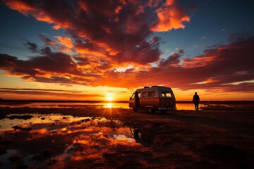Camper Van At The Sunset, Generative AI