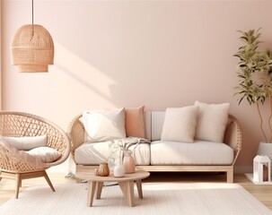 Mock-up featuring a cozy light home interior in pastel colors, 3D render. Created with Generative AI technology
