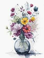The vase of flowers with clipart pastel color white background, scattered watercolor with shadow, generative with ai