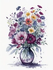 The vase of flowers with clipart pastel color white background, scattered watercolor with shadow, generative with ai