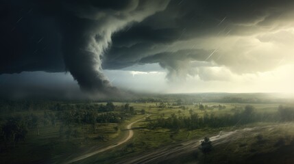 powerful tornado moving across a rural landscape, illustrating the destructive force of nature generative ai