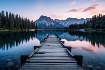 Obraz premium Mountain Lake Scene with Reflecting Peaks and Pier