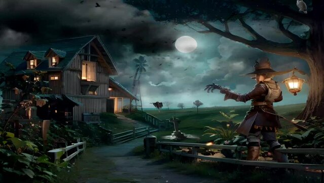 Scary Halloween night with full moon hidden behind thick fog, presenting an amazing atmosphere of mystery and darkness. Seamless looping video animation virtual background.