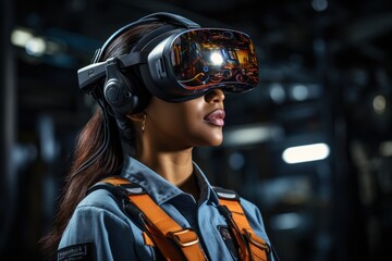 VR Glasses Work Industry A bustling industrial factory where technology and innovation reign supreme. Innovative and seen working with augmented reality.