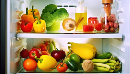 Fridge full of healthy fruits and vegetables. Generative AI