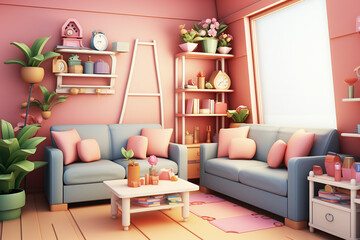 Living room with 3D cute pastel sofas and cushions. Generative AI.