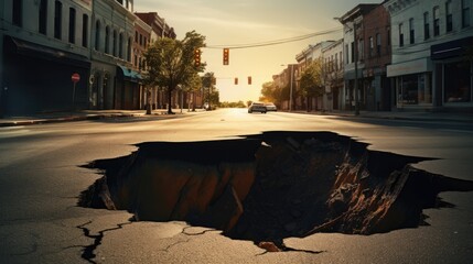 sinkhole in a city street, representing the danger of ground instability in urban areas. generative ai - obrazy, fototapety, plakaty