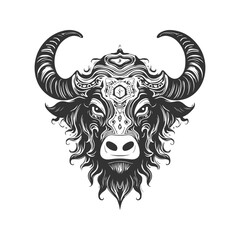 yak tribal, vintage logo line art concept black and white color, hand drawn illustration