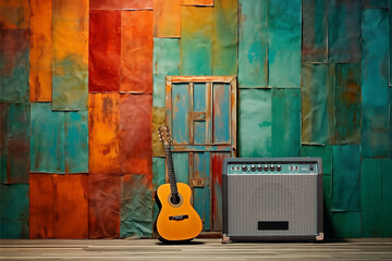 Rustic Patina Background with Acoustic Guitar and Amp- Vintage Music Background