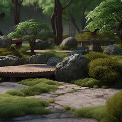 A picturesque green zen garden with green tree and wooden wooden platform.