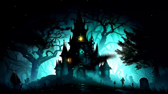 Scary Halloween Castle, ghosts and bats surround an old building with a moonlit grave. Seamless looping video animation virtual background.