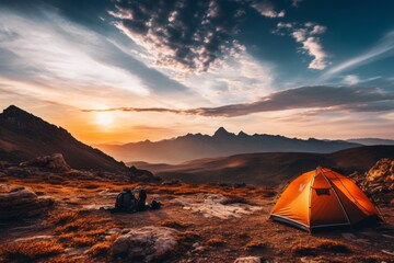 Campsite With A Panoramic Mountain Background, Generative AI