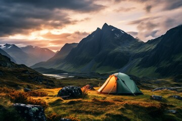 Campsite With A Panoramic Mountain Background, Generative AI - obrazy, fototapety, plakaty