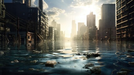 Fototapeta premium city submerged in water, illustrating the aftermath of a devastating flood generative ai