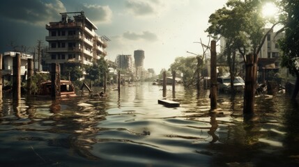 Fototapeta premium city submerged in water, illustrating the aftermath of a devastating flood generative ai