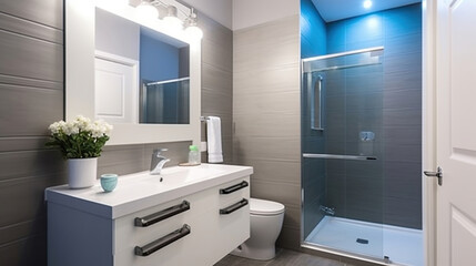 A Fresh Bathroom Interior featuring an Illuminated Mirror as its Focal Point. Generative AI