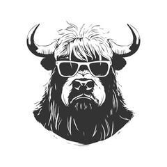yak wearing sunglasses, vintage logo line art concept black and white color, hand drawn illustration