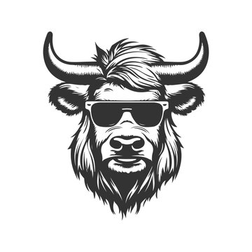 yak wearing sunglasses, vintage logo line art concept black and white color, hand drawn illustration