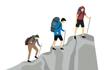 Young tourist with a backpack, a boy hiking rocky mountains with a white background. Traveling, exploring, and staying healthy. Flat vector design illustration.