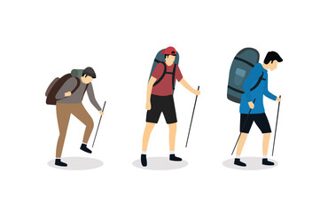 People are hiking carrying trekking poles and hiking backpacks, bundle of a man dressed as hiker. Flat vector illustration of mountain climbers with a white background