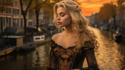 Fototapeta premium beautiful blonde in autumn in Amsterdam