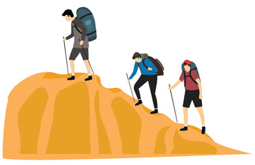 Hiking, rock climbing, man, hiker, or backpacker. Climber on the mountain peak with a backpack. Flat vector design illustration.