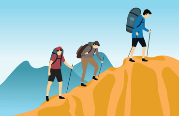 Walking or Vacation with Mountain View. The concept of traveling, discovering, and observing nature. Cartoon vector or flat illustration.