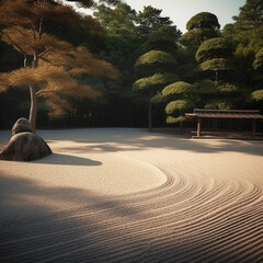 A picturesque zen garden with green trees, stones and Sand with patterns.