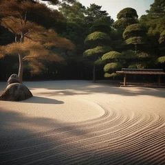 Photo sur Plexiglas Pierres dans le sable A picturesque zen garden with green trees, stones and Sand with patterns.