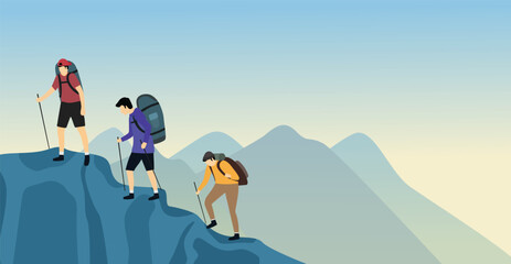 Climbers characters with backpacks hiking in the mountains, summer adventure. Flat vector illustration isolated on a mountain background