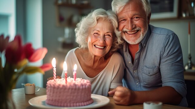 couple celebrating birthday.Joyful senior woman blowing candles on birthday cake  with her husband, celebrating her birthday. cozy mood and pastel theme. 