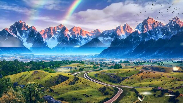 Beautiful natural panorama with expanse of grass, mountains and blue sky. Fantasy style cartoon or anime illustration. seamless looping video animated virtual background.