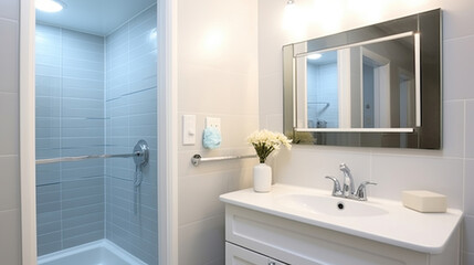 Fototapeta na wymiar New bathroom interior with illuminated mirror. Generative AI