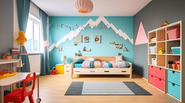 A Modern Bedroom Designed for Both Boys and Girls, Complete with Stylish Furniture and Playful Toys. Generative AI