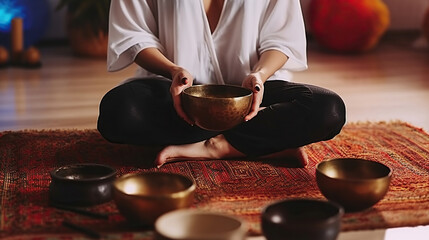 Cropped Shot of a Woman Channeling Healing Vibes through a Tibetan Singing Bowl in her Studio. Generative AI