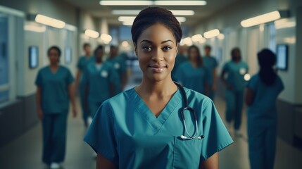 Fototapeta premium A young African American nursing student standing with her team in a hospital wearing scrubs.