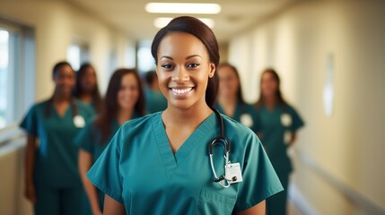 A young African American nursing student standing with her team in a hospital wearing scrubs.