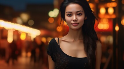 A Portrait of a Beautiful Asian Woman with Fresh clean Skin having fun Outdoors. face care facial skin care Closeup of a smiling Asian girl in the city Generative AI