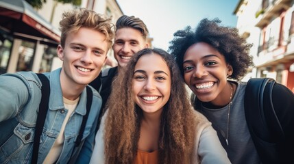 Fototapeta premium Multicultural young people smiling at camera outside - Millenial friends having fun hanging on city street - Friendship concept with guys and girls enjoying day out together - Youth community concept