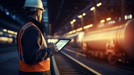 Engineer using tablet checking and analysis data systems electrics of track on railway on networking, Modern Industrial and transportation.