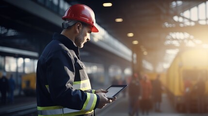 Engineer using tablet checking and analysis data systems electrics of track on railway on networking, Modern Industrial and transportation.