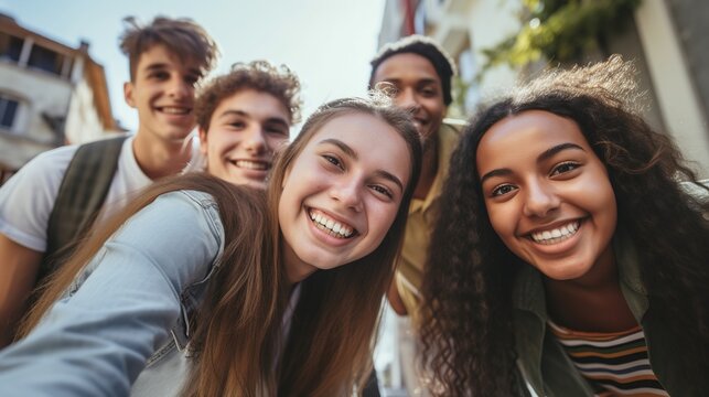 Multicultural young people smiling at camera outside - Millenial friends having fun hanging on city street - Friendship concept with guys and girls enjoying day out together - Youth community concept