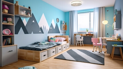 Naklejka premium Modern bedroom for boy and girl with furnitures and toys. Generative AI