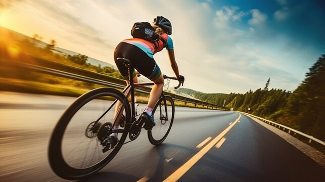 Woman cyclist riding Mountain Bike on highway. Generative AI